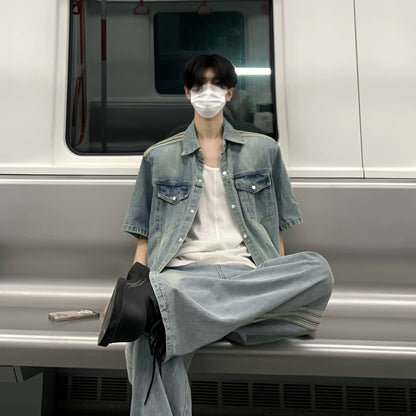 Washed Short Sleeve Denim Jacket & Side Stripe Washed Denim Jeans Setup WN19850