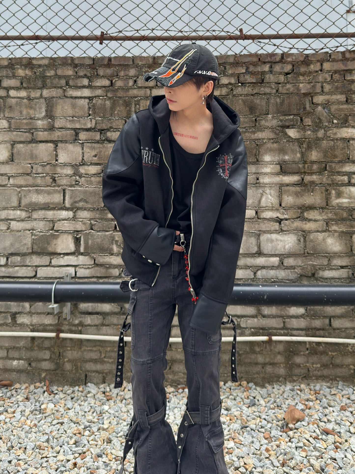 PU Leather Mix Suede Short Jacket WN22982