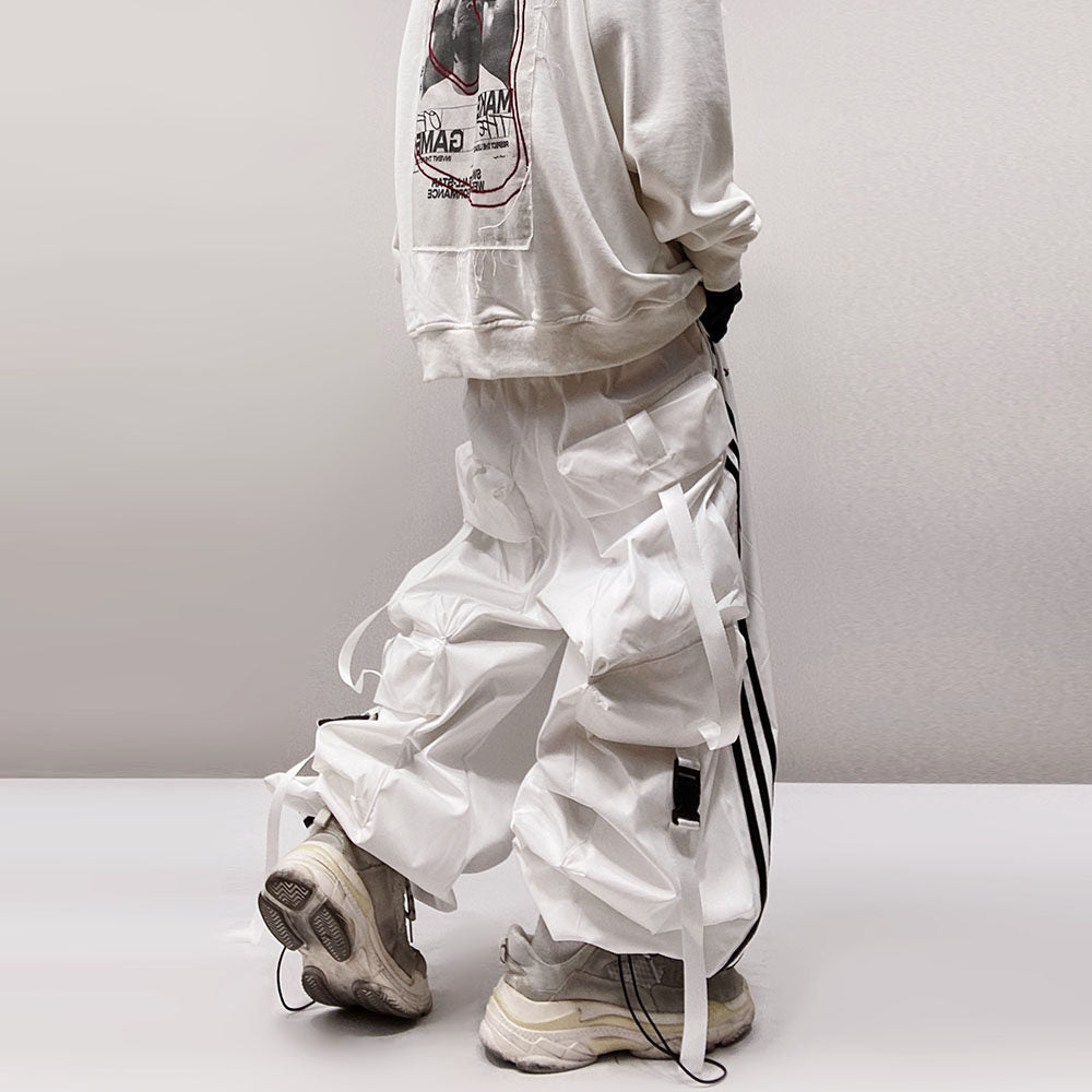 Three Stripe Multi Pocket Elastic Hem Wide Leg Cargo Pants WN24000