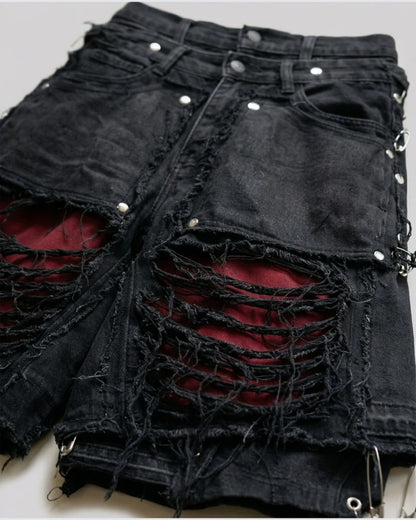 Fake Layered Damage Frayed Wide Leg Denim Half Jeans WN28067