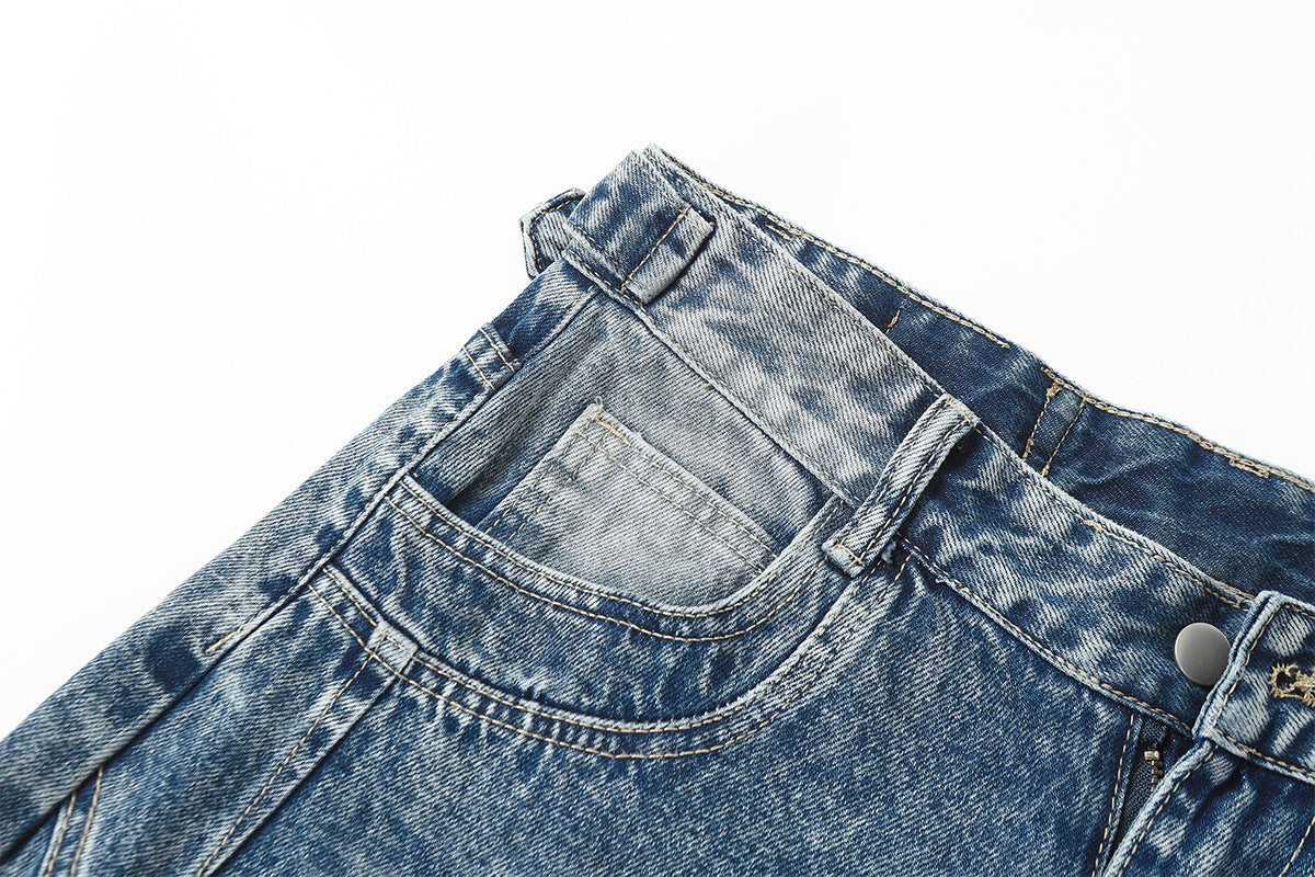 Washed Damage Splice Wide Leg Denim Jeans WN25742