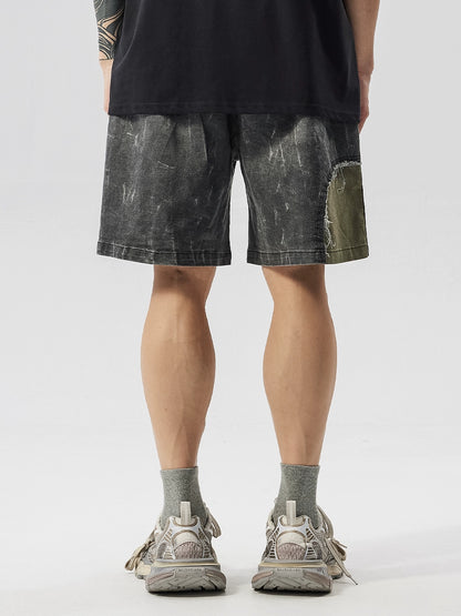 Washed Patchwork Drawstring Wide Leg Half Pants WN17605