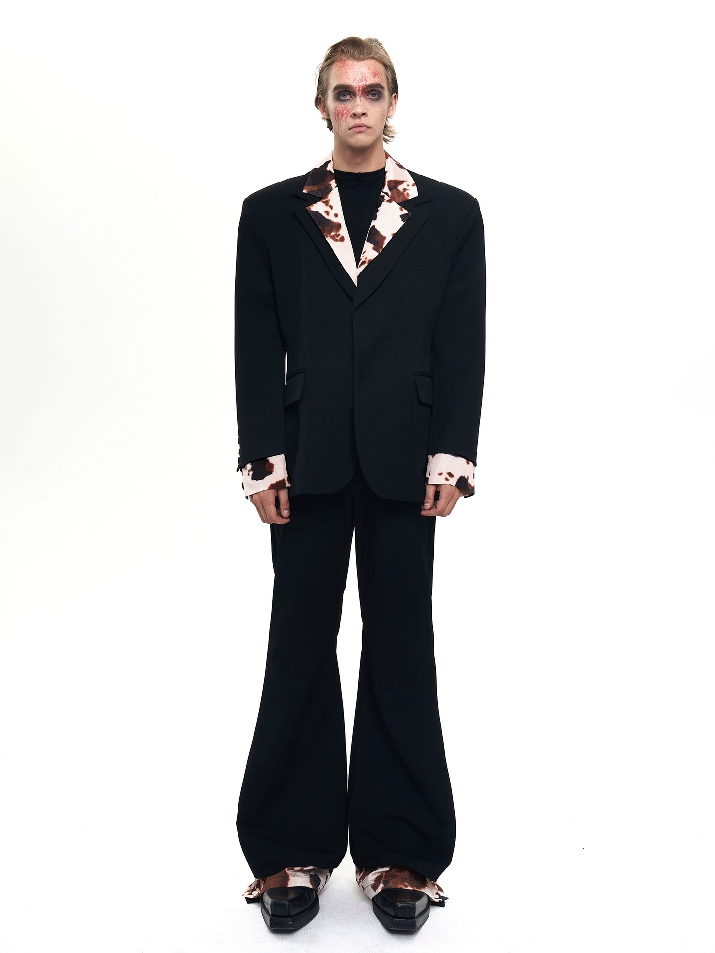 Cow Print Fake Layered Oversize Tailored Jacket & Flare Trousers Setup WN20389