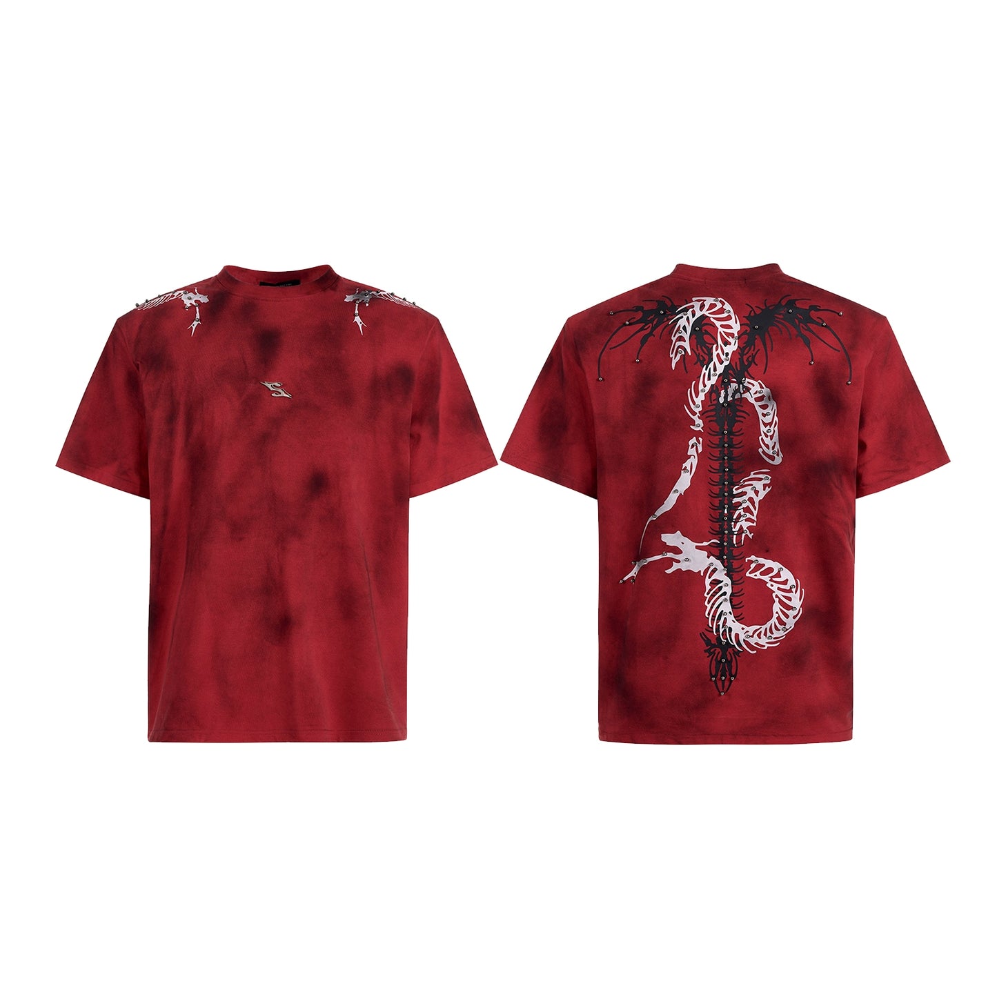 Studs Spine Snake Tie-Dye Shoulder-pad Short Sleeve T-Shirt WN16589