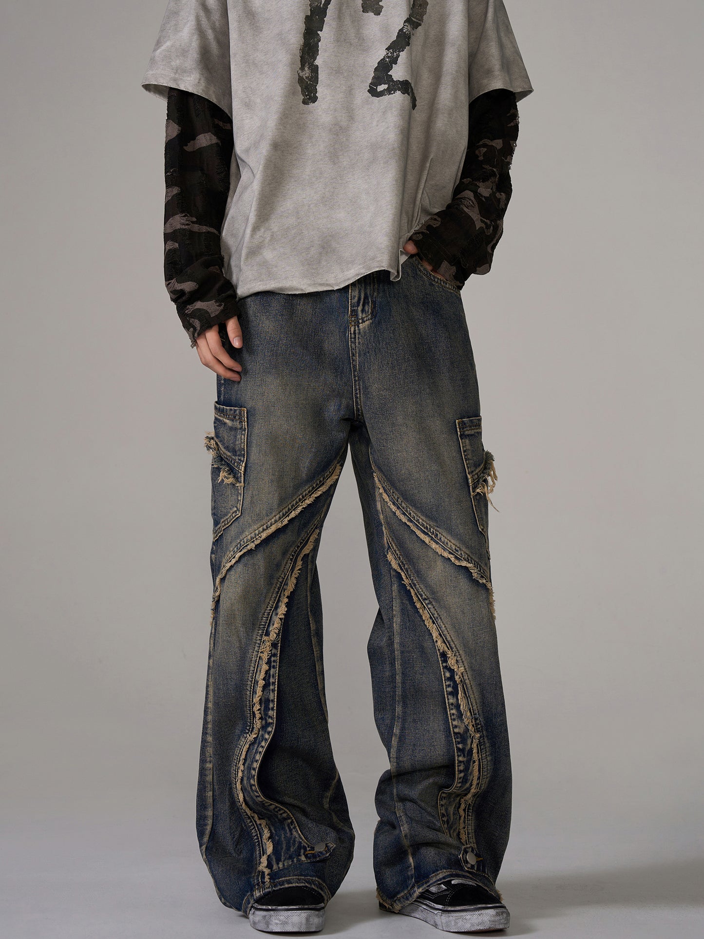 Frayed Hem Patchwork Washed Wide-Leg Denim Jeans WN10652