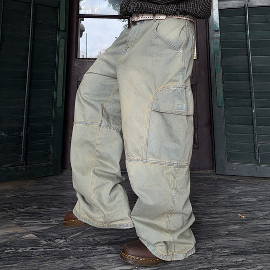 Washed Panel Design Wide Leg Denim Jeans WN24369