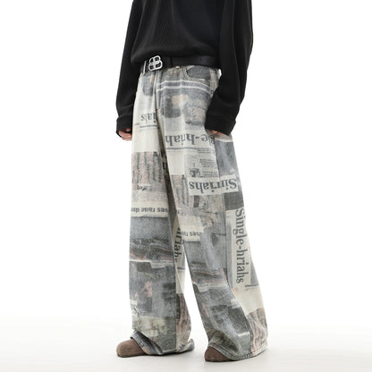 Newspaper Print Wide-Leg Straight Pants WN10510