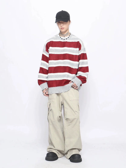 Stripe Damage Round Neck Oversize Knit Sweater WN10891