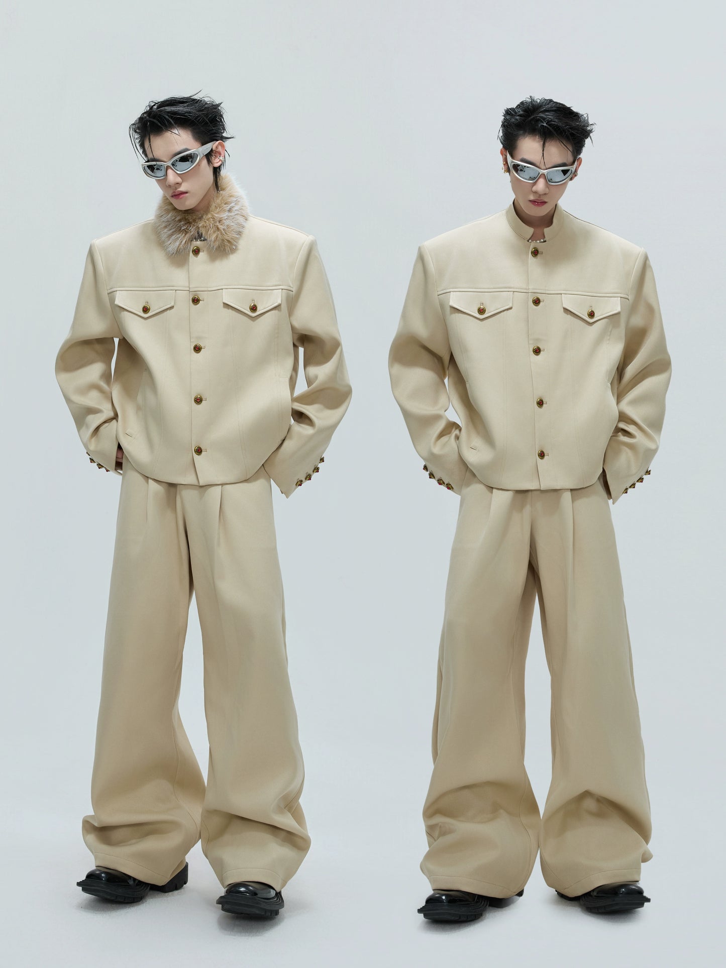 Fur Collar Gem Button Standing-Collar Short Jacket & Trousers Setup WN21733