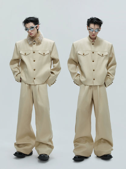 Fur Collar Gem Button Standing-Collar Short Jacket & Trousers Setup WN21733