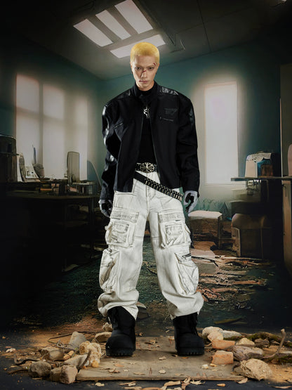 Standing-Collar Contrast Patchwork PU Leather Jacket WN21377