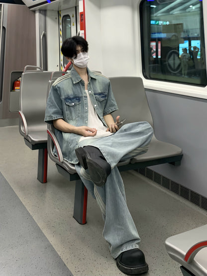 Washed Short Sleeve Denim Jacket & Side Stripe Washed Denim Jeans Setup WN19850