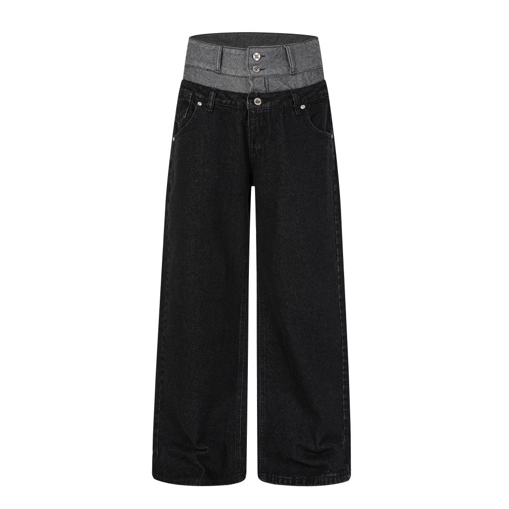 Double Waist Studs Detail Wide Leg Denim Jeans WN28026