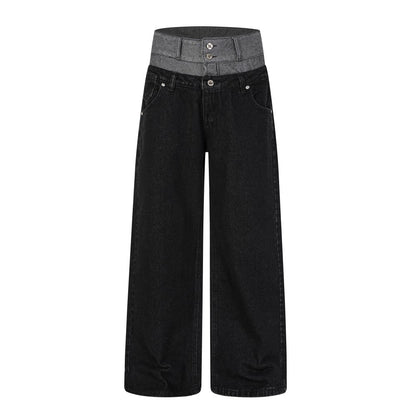 Double Waist Studs Detail Wide Leg Denim Jeans WN28026