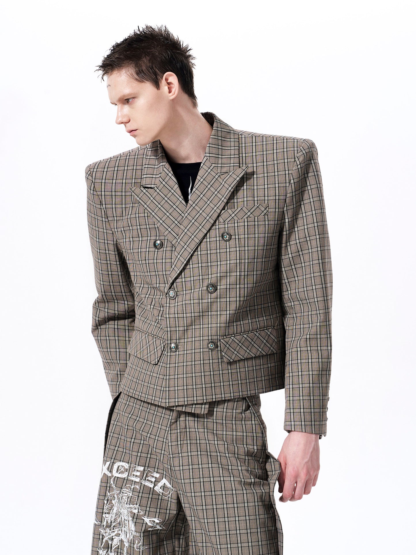 Plaid Double-Breasted Short Tailored Jacket & Trousers Setup WN23282