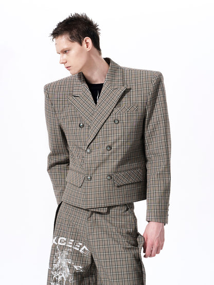 Plaid Double-Breasted Short Tailored Jacket & Trousers Setup WN23282