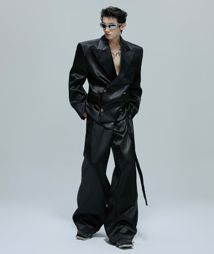 Glossy Waist-Fitted Tailored Jacket & Flare Trousers Setup WN21702