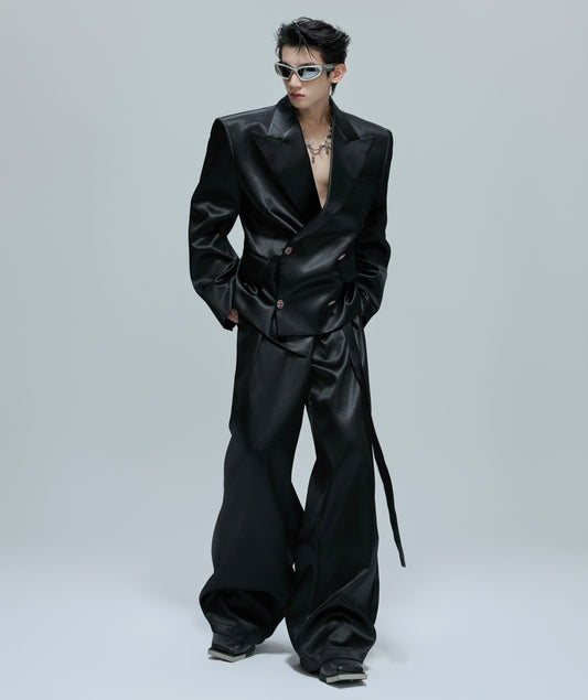 Glossy Waist-Fitted Tailored Jacket & Flare Trousers Setup WN21702