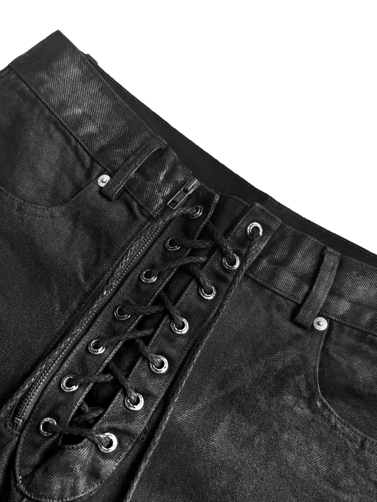Lace-Up U-Shaped Seam Zipper Fly Straight Denim Jeans WN27070