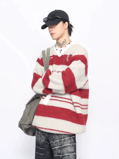 Stripe Color Block V-Neck Knit Sweater WN10898