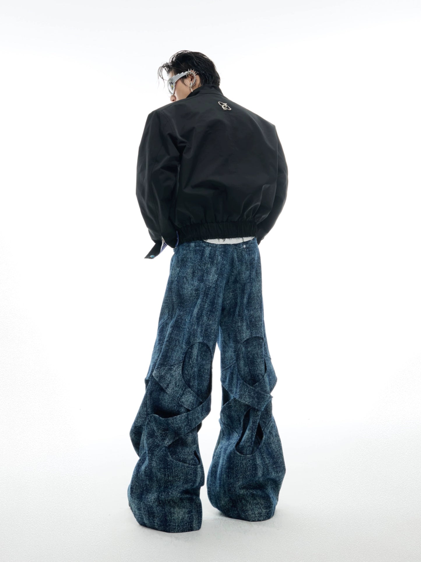 Marbled Pleats Texture Wide-Leg Straight Denim Jeans WN16331