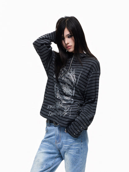 Stripe Slogan Foil Print Stud Zipper Hoodie WN27293