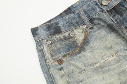 Dirty Dye Print Washed Straight Leg Denim Jeans WN16118