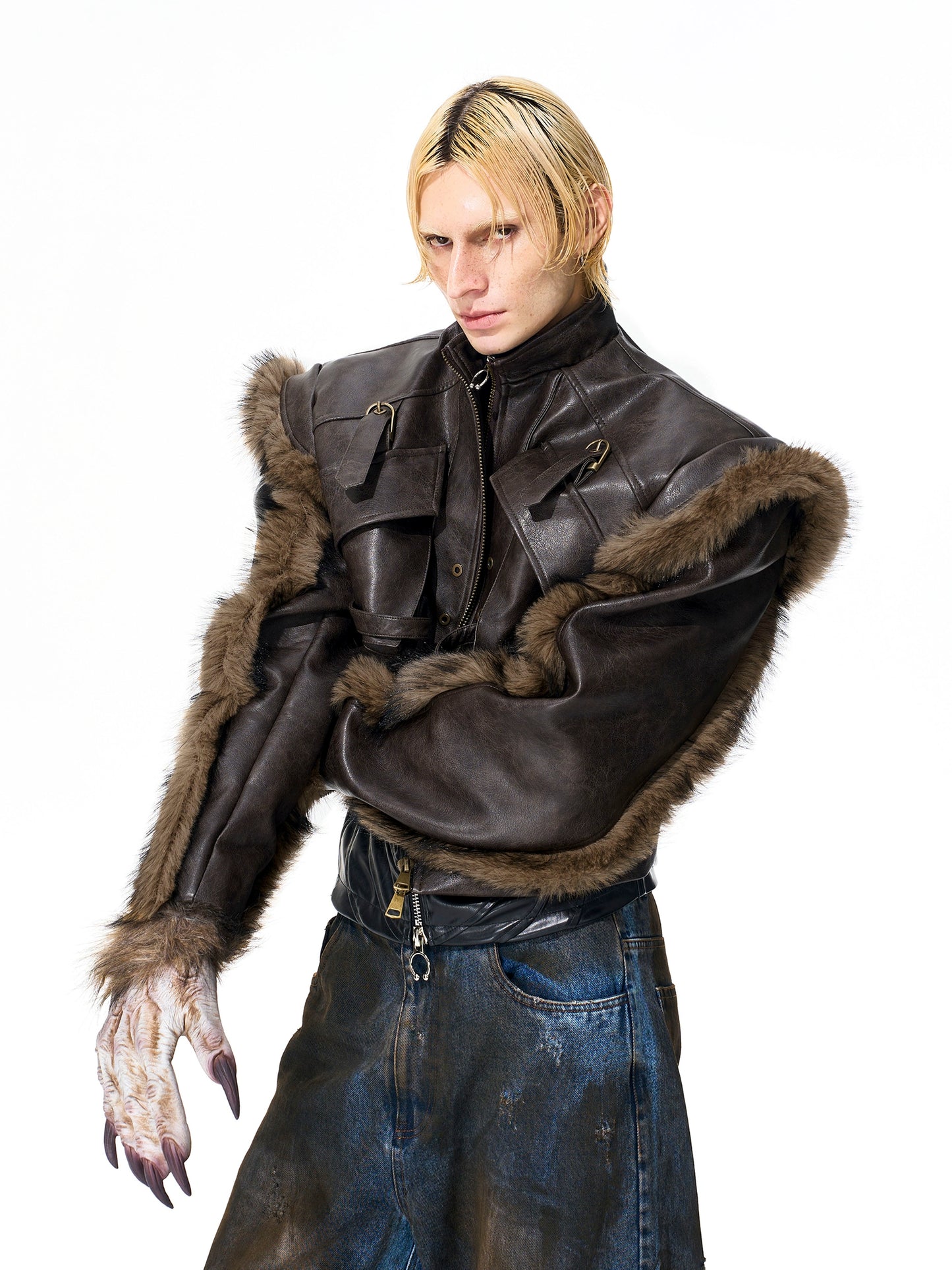 Washed Zipper Fake Fur Patchwork PU Leather Short Jacket WN21825