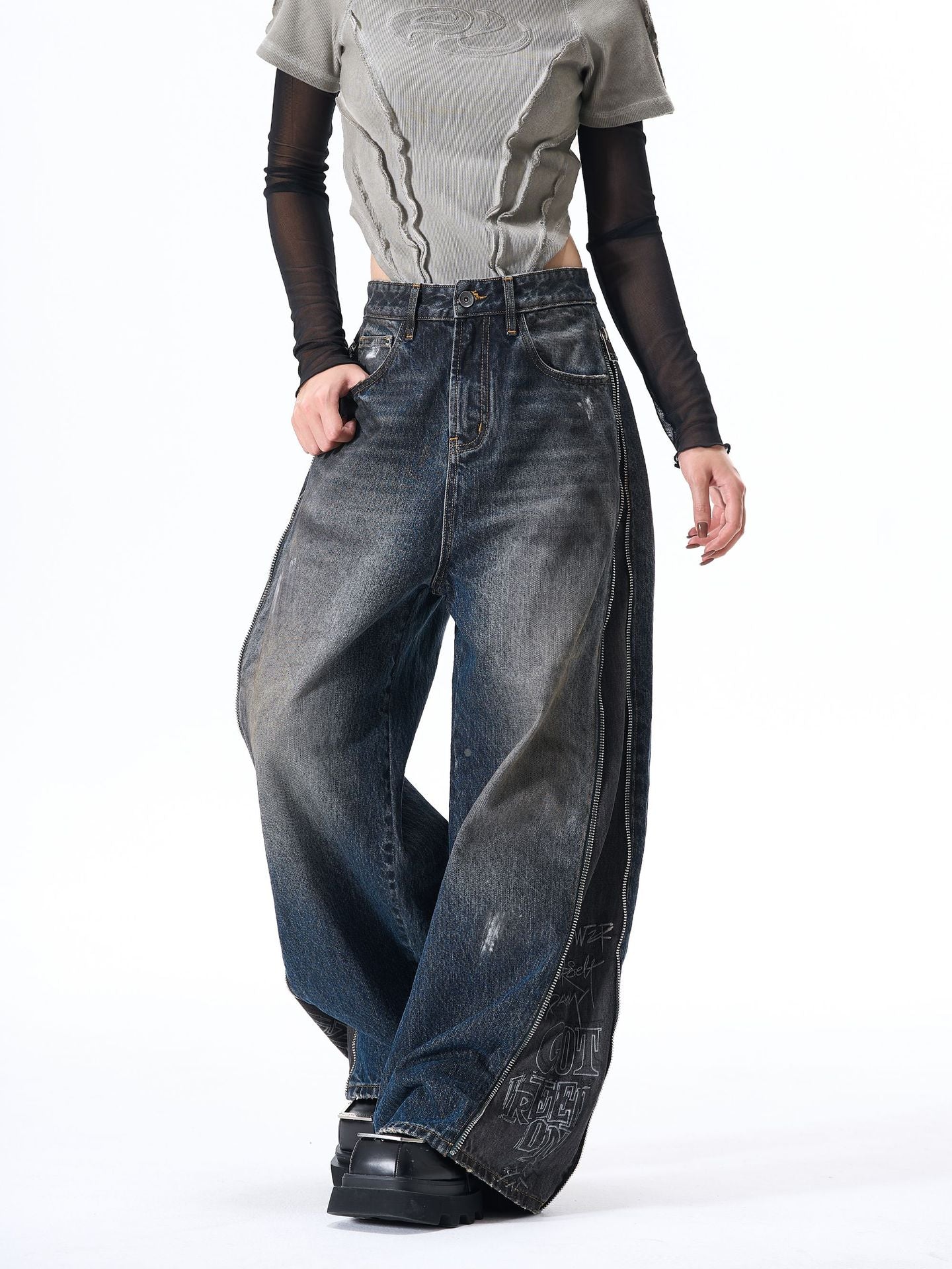 Panel Wash Wide Leg Denim Jeans WN23107