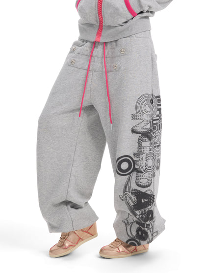 Double Waist Graphic Print Drawstring Wide Leg Sweatpants WN27194