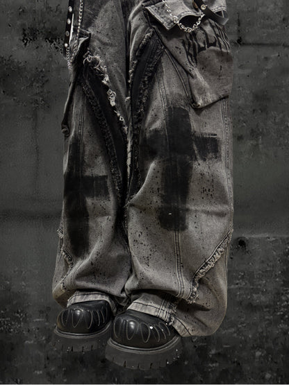 Paint Damage Cargo Wide Leg Denim Jeans & Skull Belt & Belt Chain WN23824