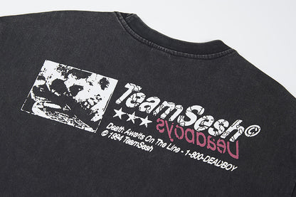 Washed Portrait Letter Print Short Sleeve T-Shirt WN25399