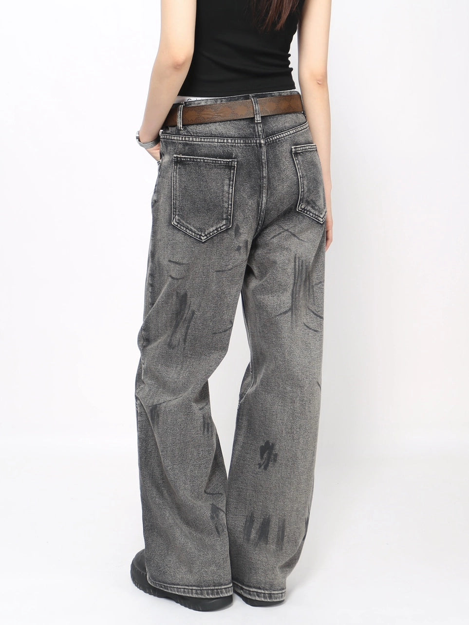 Washed Heavy Mix Design Wide Leg Denim Jeans WN21017