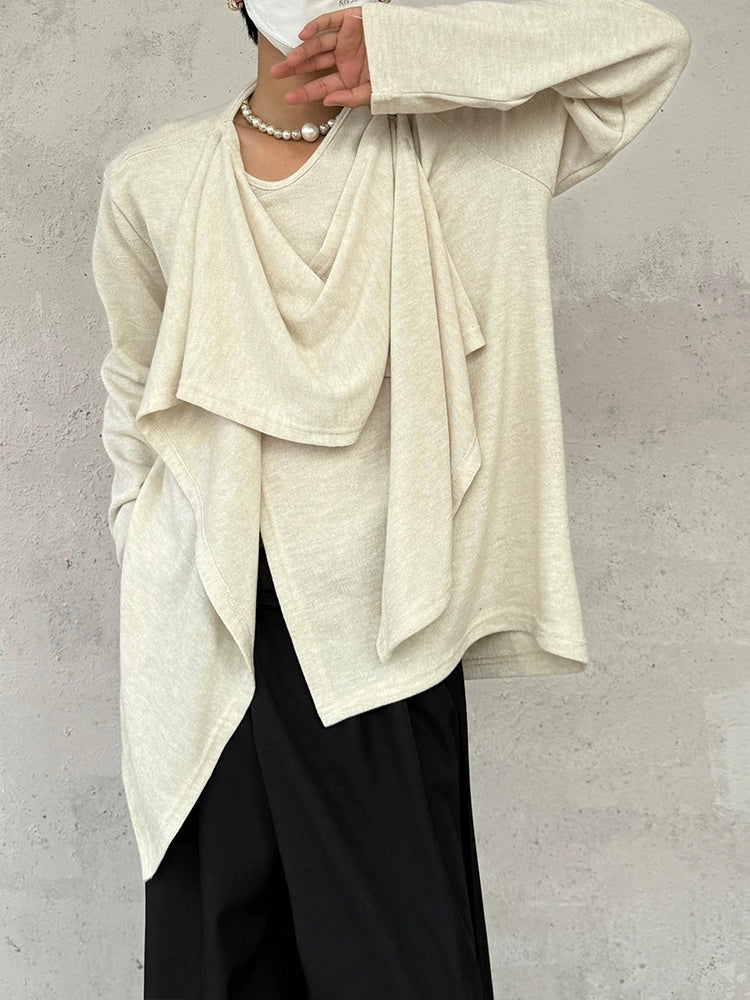 Draped Neck Asymmetrical Patchwork Knit Sweater WN19944