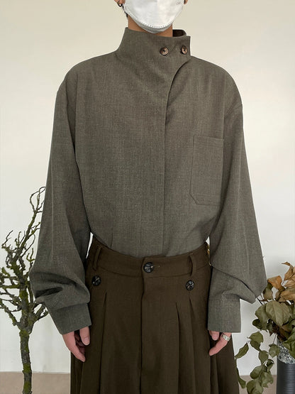 Minimalist French Standing-Collar Long Sleeve Shirt WN19955