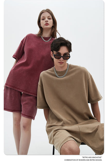 Oversize Washed Short-sleeve T-shirt & Washed Short Sweatpants Setup WN6612