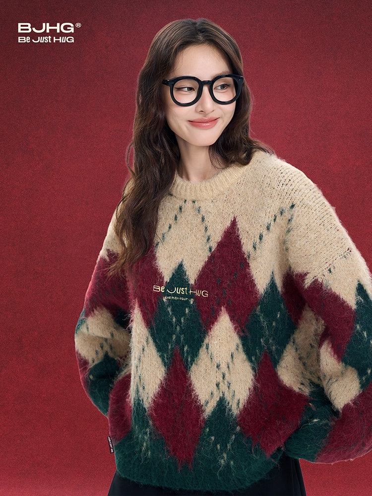 Oversize Christmas Design Round Neck Knit Sweater WN9847