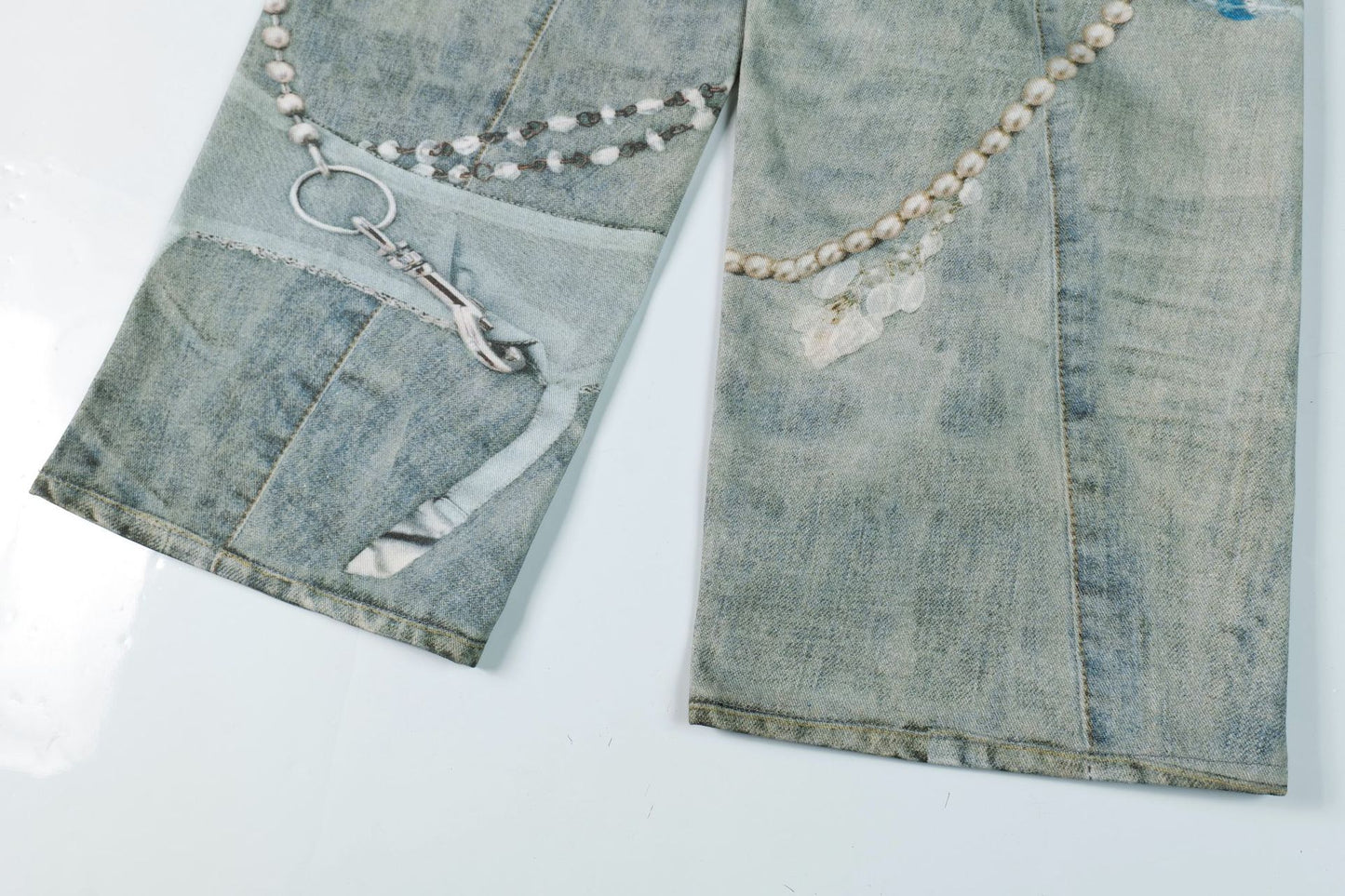 3D Print Washed Wide Leg Denim Jeans WN23038