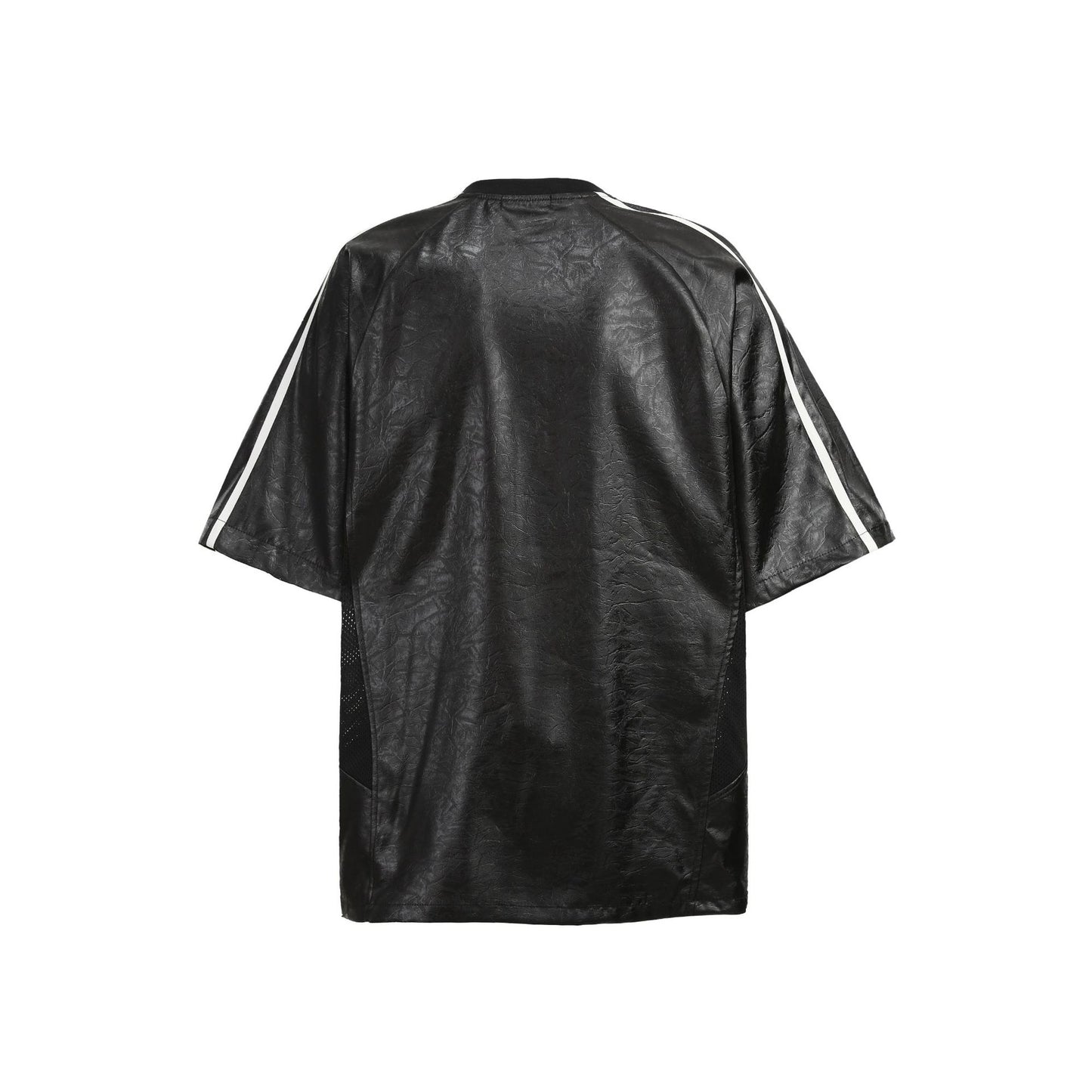 Chest Emblem PU Leather Stitching V-Neck Oversize Short Sleeve T-Shirt WN25655