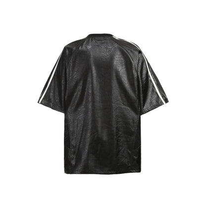 Chest Emblem PU Leather Stitching V-Neck Oversize Short Sleeve T-Shirt WN25655