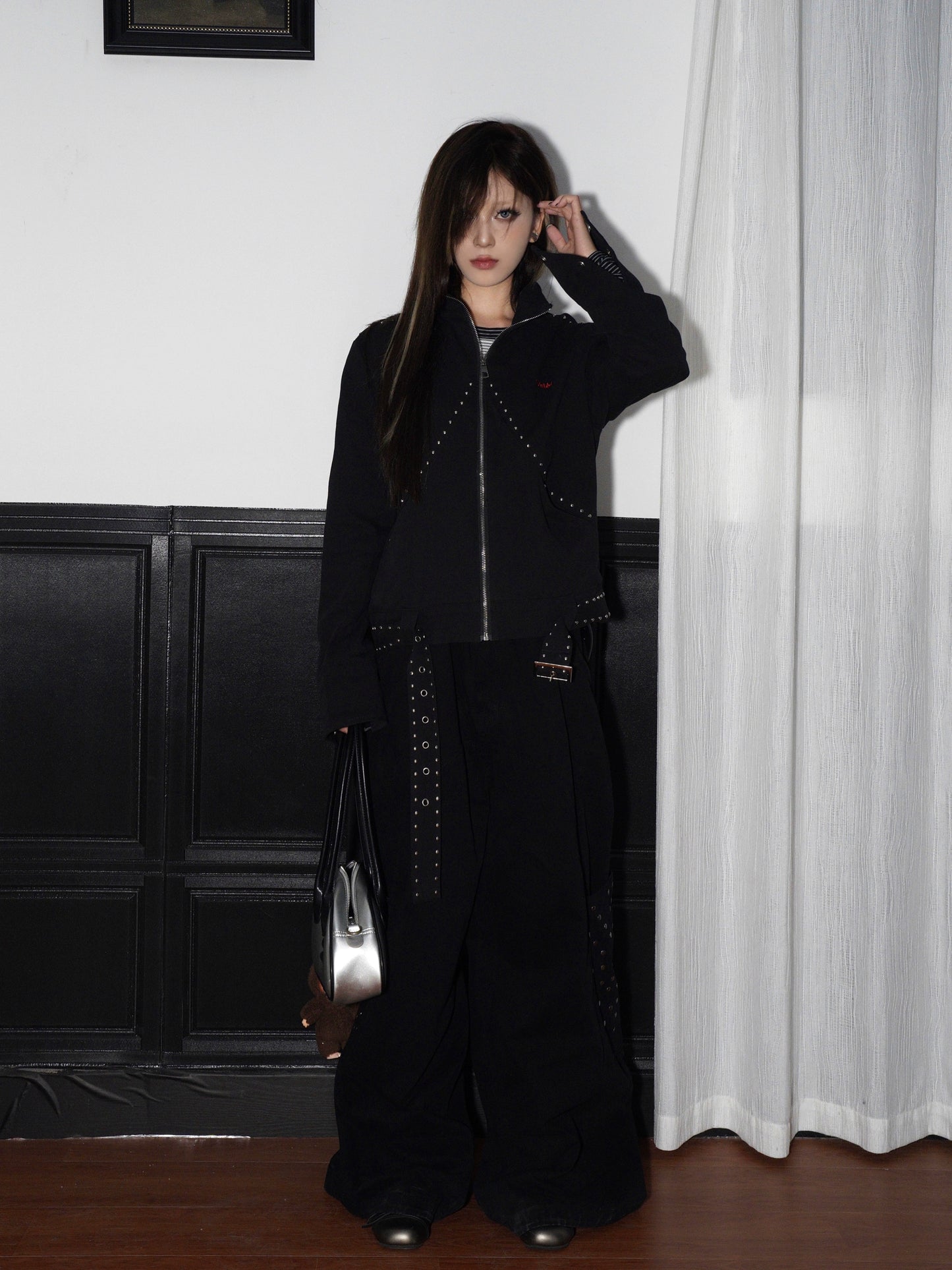 Metal Stud Wide Leg Floor-Length Pants WN22236