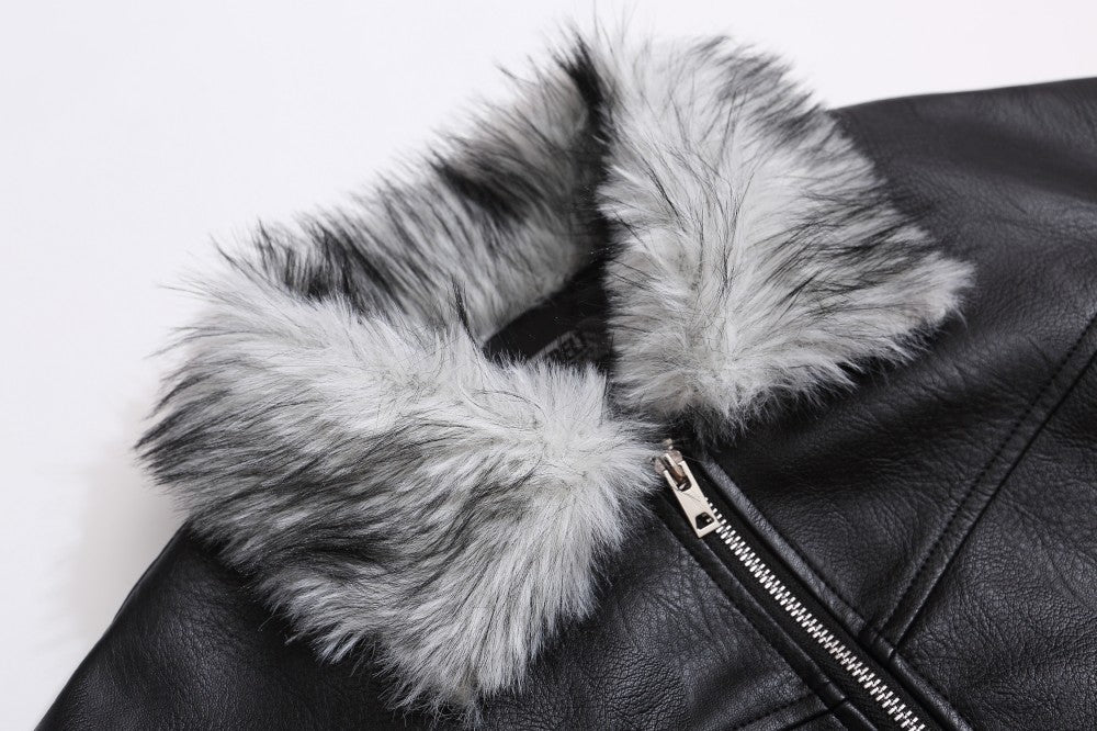 Fake Fur Collar Studs Detail PU Leather Jacket WN28095