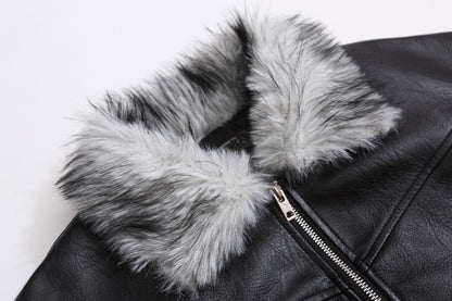 Fake Fur Collar Studs Detail PU Leather Jacket WN28095