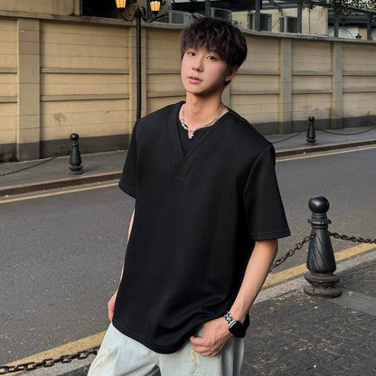 Shoulder-Pad V-Neck Short Sleeve T-Shirt WN25169