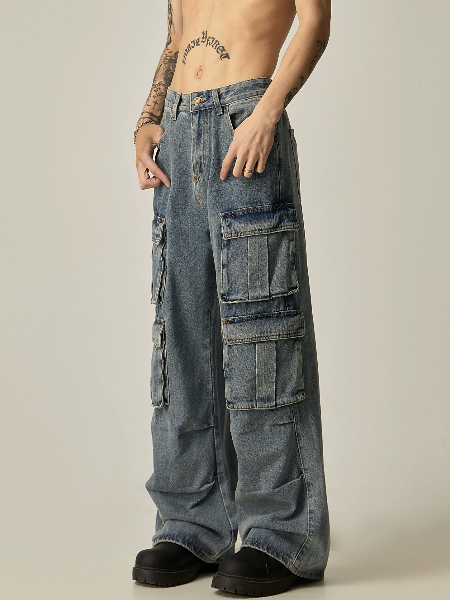 Washed Multi Pocket Straight Cargo Denim Jeans WN8978