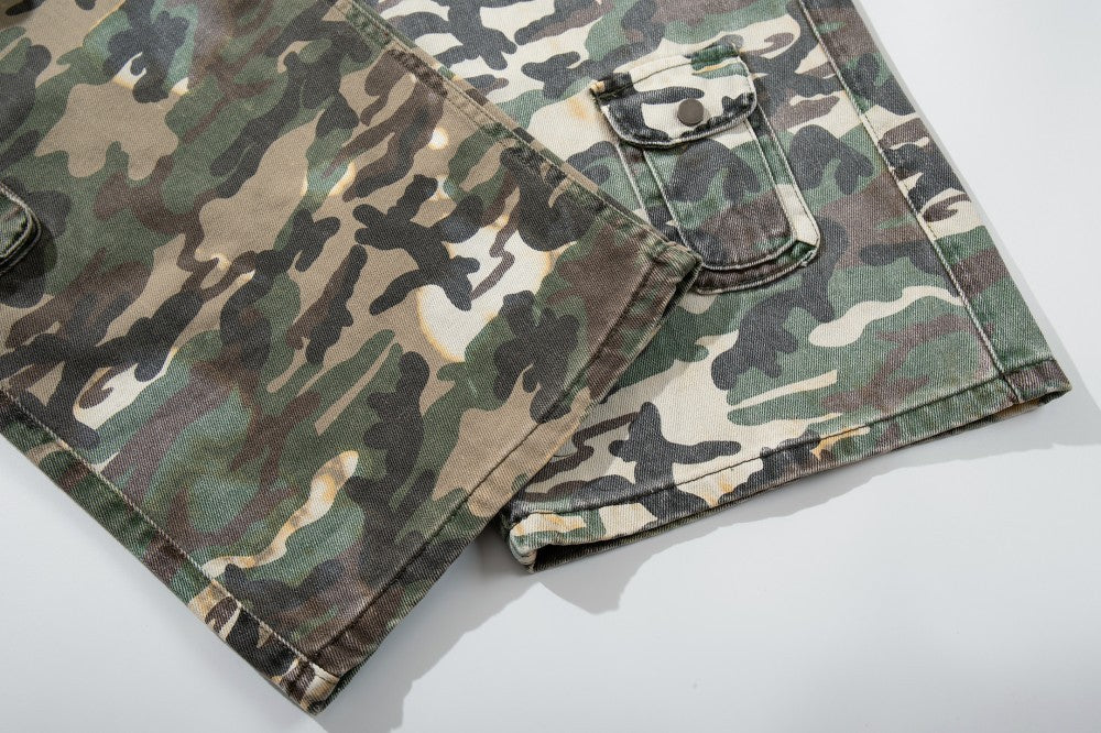 Denim Camouflage Patchwork Multi-Pocket Wide Leg Cargo Pants WN27858