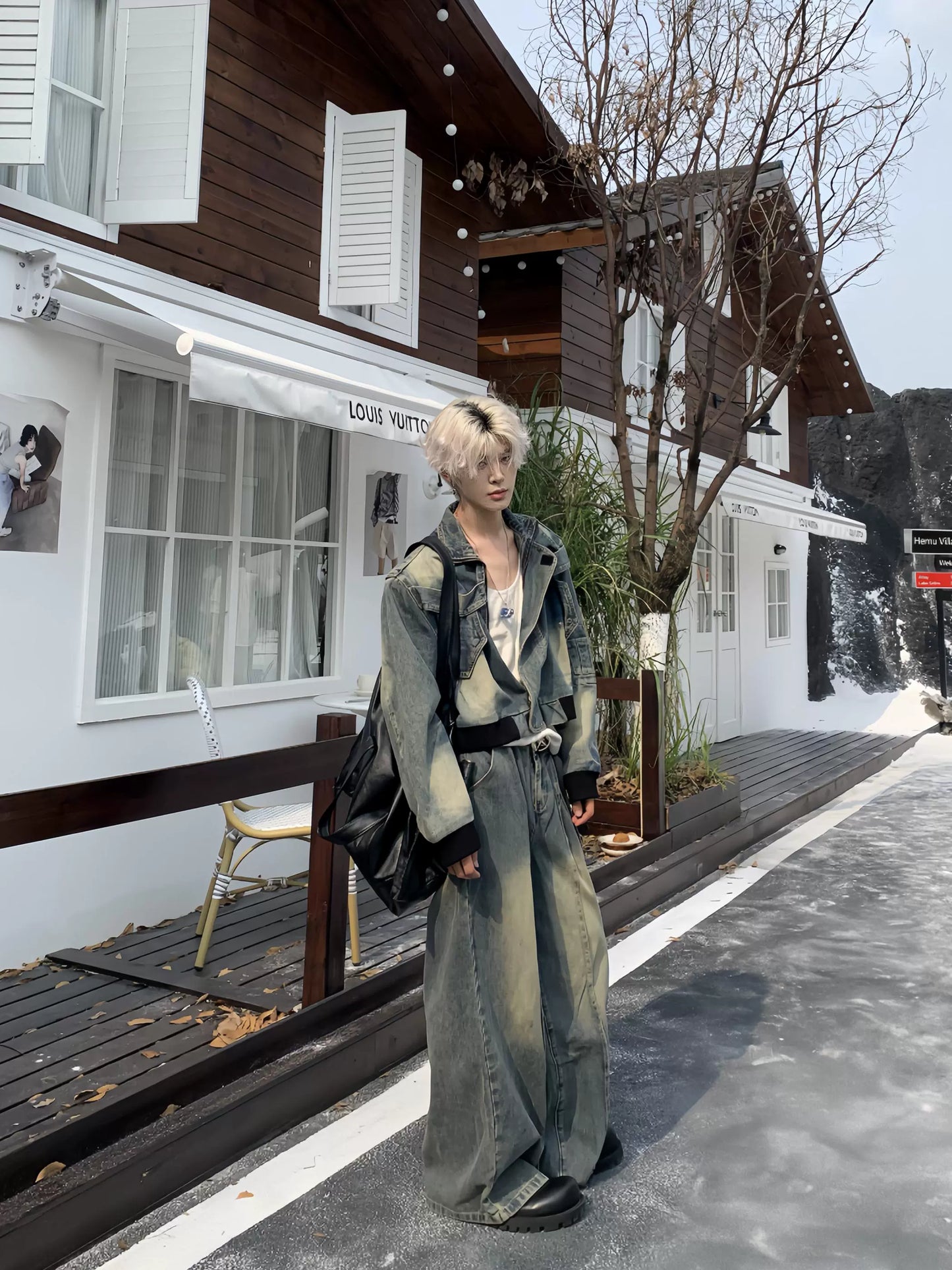 Washed Damage Denim Jacket & Wide Leg Denim Jeans Setup WN19934