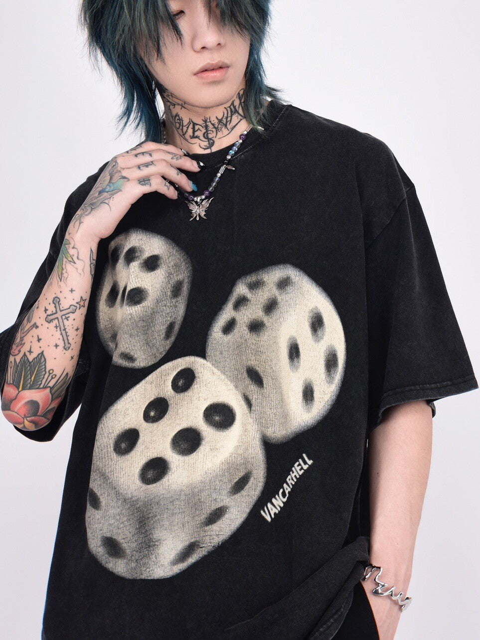 Dice Print Washed Oversize Short Sleeve T-Shirt WN24461