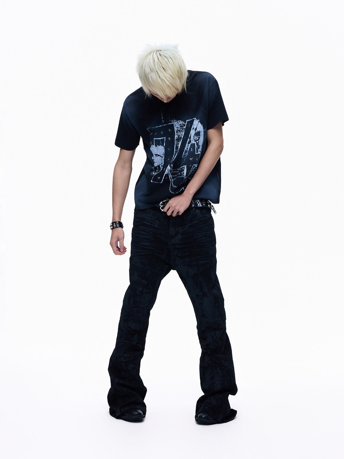 Washed Spray Paint Stud Print Short Sleeve T-Shirt WN27355