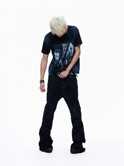 Washed Spray Paint Stud Print Short Sleeve T-Shirt WN27355